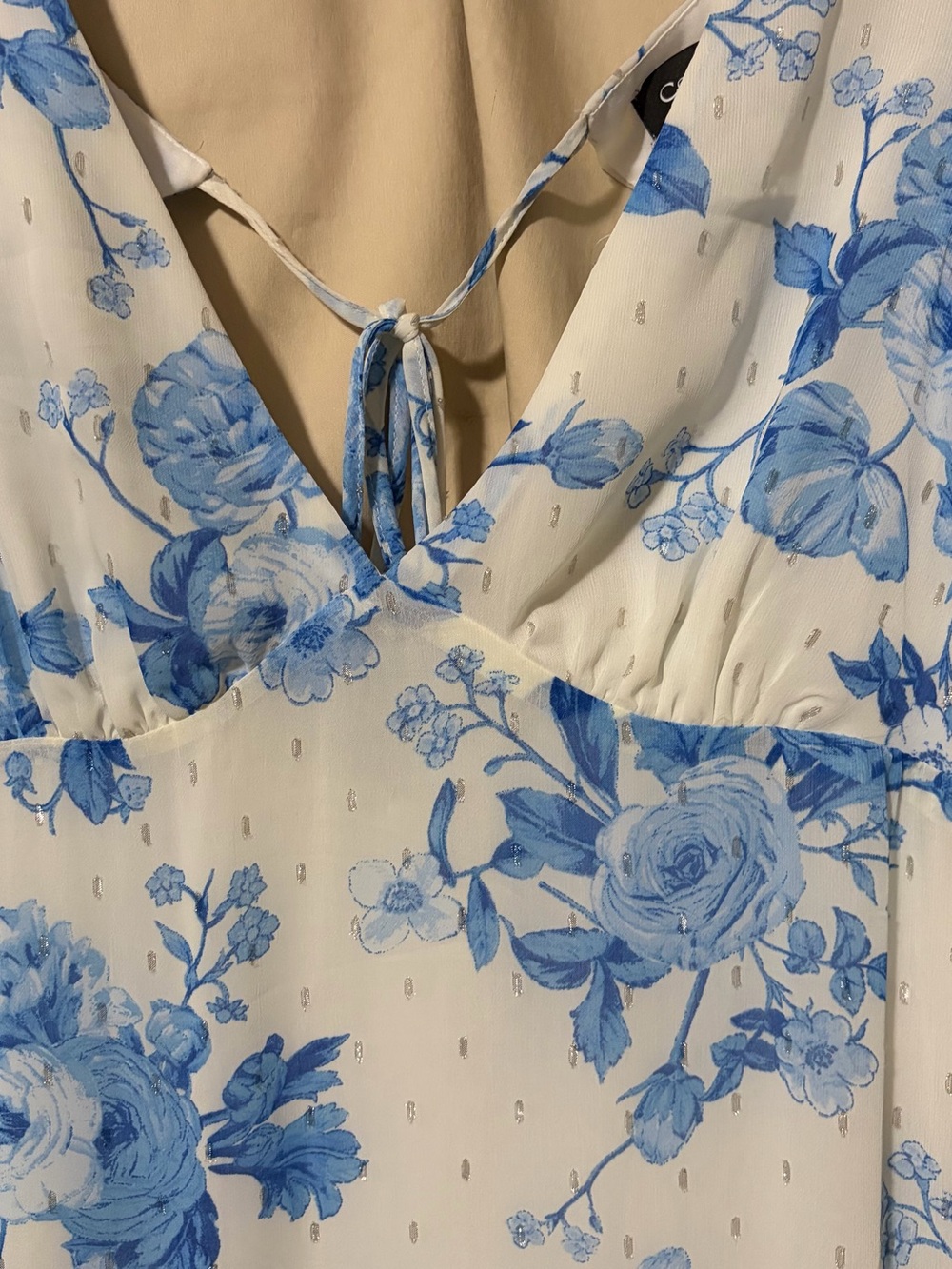 CeCe White and Blue Floral Maxi Dress with Tie-Back V-Neck - Picture 2 of 8